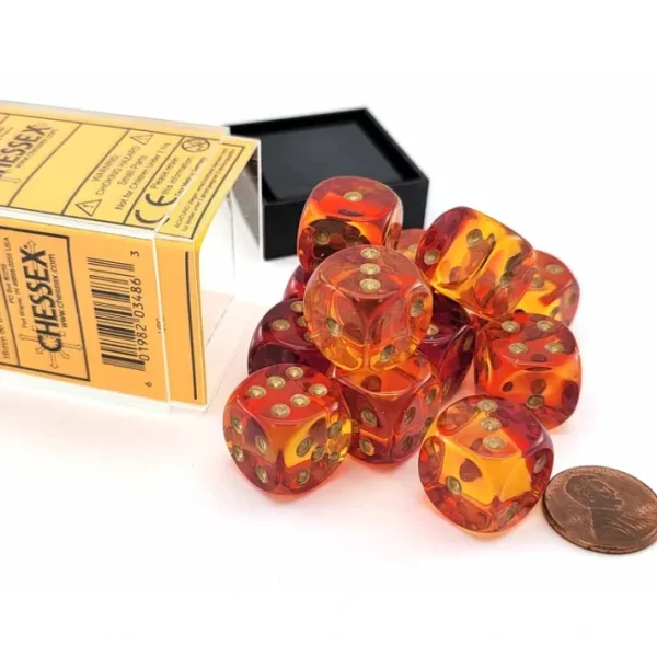 Gemini 16mm D6 Dice Block (12 Dice) - Translucent Red-Yellow with Gold Numbers - Your Source for Gaming Essentials Cheap