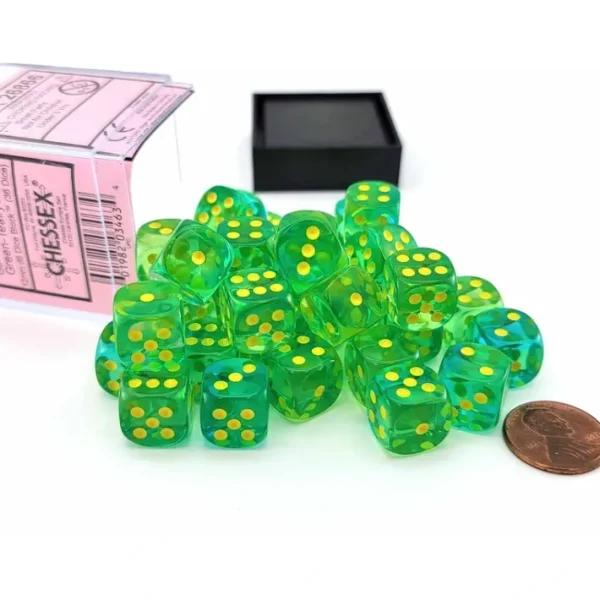 Gemini 12mm D6 Dice Block (36 Dice) - Translucent Green-Teal with Yellow Numbers - Your Source for Gaming Essentials Online