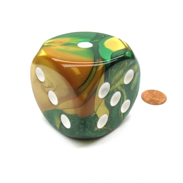 Gemini 50mm Huge Large D6 Chessex Dice, 1 Piece - Gold-Green with White Pips - Your Source for Gaming Essentials Flash Sale