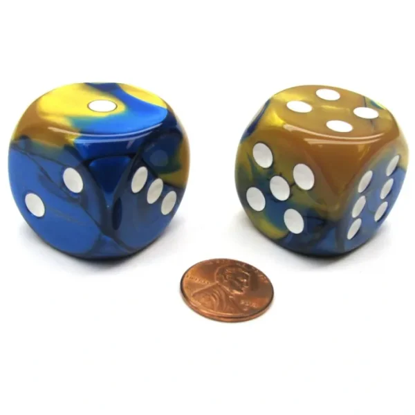 Gemini 30mm Large D6 Chessex Dice, 2 Pieces - Blue-Gold with White Pips - Your Source for Gaming Essentials New