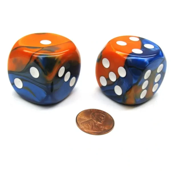 Gemini 30mm Large D6 Chessex Dice, 2 Pieces - Blue-Orange with White Pips - Your Source for Gaming Essentials Outlet