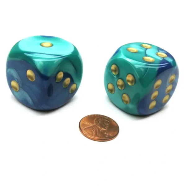 Gemini 30mm Large D6 Chessex Dice, 2 Pieces - Blue-Teal with Gold Pips - Your Source for Gaming Essentials Cheap