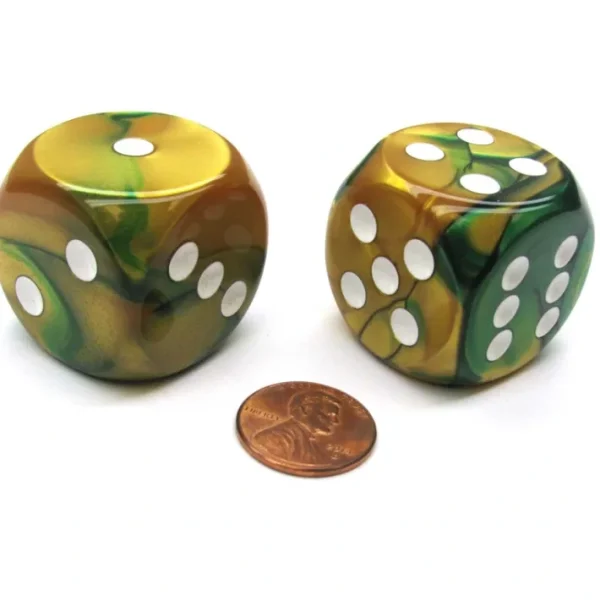 Gemini 30mm Large D6 Chessex Dice, 2 Pieces - Gold-Green with White Pips - Your Source for Gaming Essentials Online