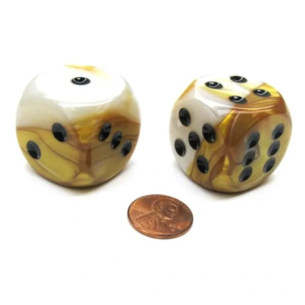 Gemini 30mm Large D6 Chessex Dice, 2 Pieces - Gold-White with Black Pips - Your Source for Gaming Essentials Outlet