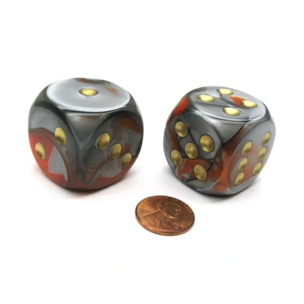 Gemini 30mm Large D6 Chessex Dice, 2 Pieces - Orange-Steel with Gold Pips - Your Source for Gaming Essentials New