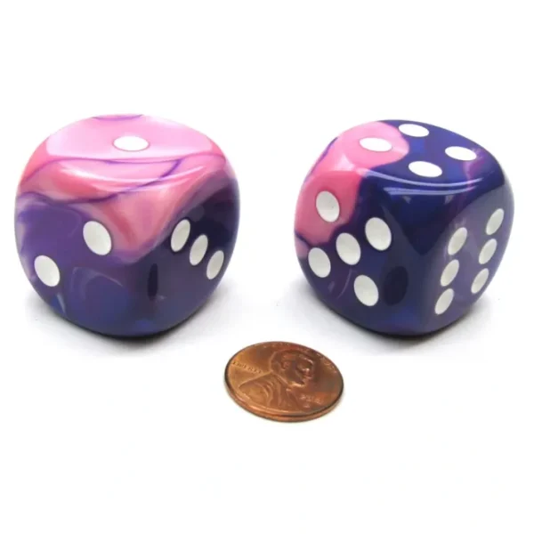 Gemini 30mm Large D6 Chessex Dice, 2 Pieces - Pink-Purple with White Pips - Your Source for Gaming Essentials Clearance
