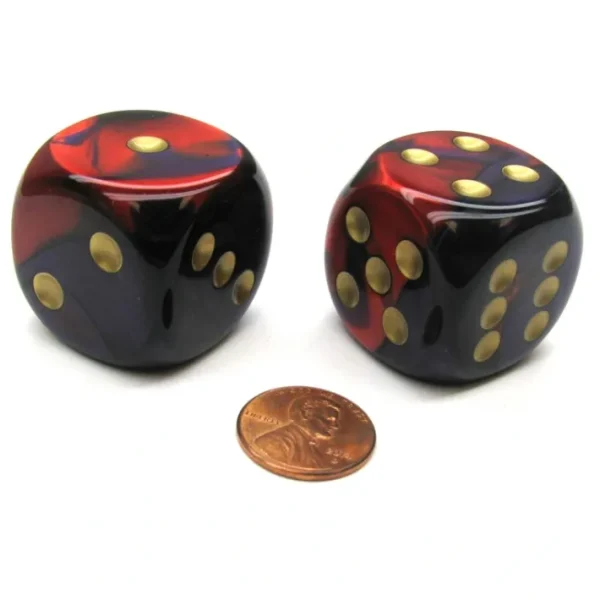 Gemini 30mm Large D6 Chessex Dice, 2 Pieces - Purple-Red with Gold Pips - Your Source for Gaming Essentials Outlet
