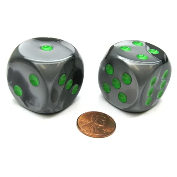 Gemini 30mm Large D6 Chessex Dice, 2 Pieces - Black-Grey with Green Pips - Your Source for Gaming Essentials Cheap
