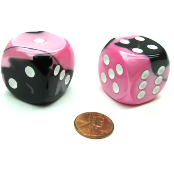 Gemini 30mm Large D6 Chessex Dice, 2 Pieces - Black-Pink with White Pips - Your Source for Gaming Essentials Online