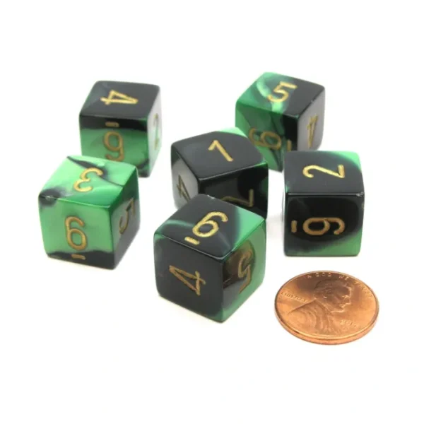 Gemini 15mm 6-Sided D6 Numbered Chessex Dice, 6 Pieces - Black-Green with Gold - Your Source for Gaming Essentials New