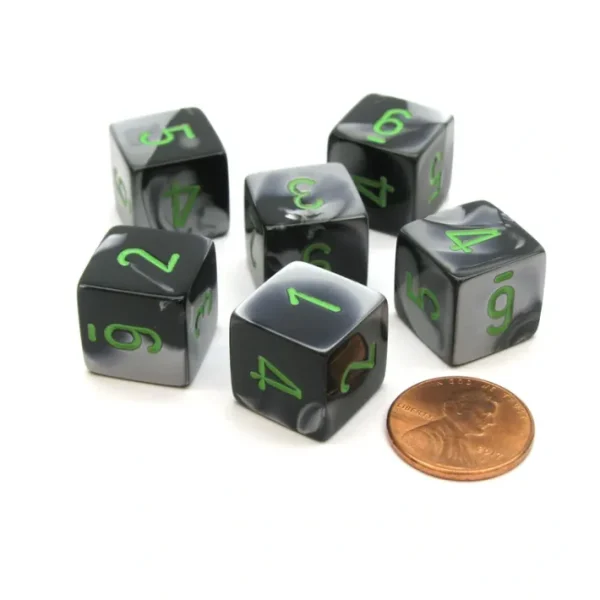 Gemini 15mm 6-Sided D6 Numbered Chessex Dice, 6 Pieces - Black-Grey with Green - Your Source for Gaming Essentials Cheap