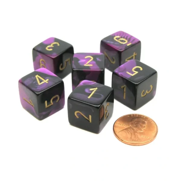 Gemini 15mm 6-Sided D6 Numbered Chessex Dice, 6 Pieces - Black-Purple with Gold - Your Source for Gaming Essentials New