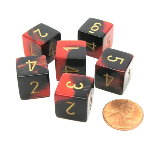 Gemini 15mm 6-Sided D6 Numbered Chessex Dice, 6 Pieces - Black-Red with Gold - Your Source for Gaming Essentials Outlet