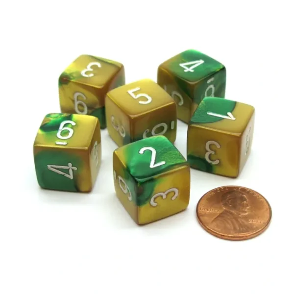 Gemini 15mm 6-Sided D6 Numbered Chessex Dice, 6 Pieces - Gold-Green with White - Your Source for Gaming Essentials Clearance