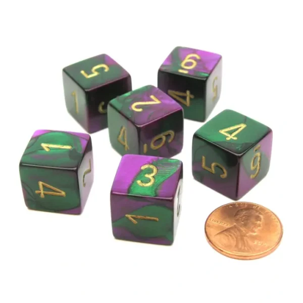 Gemini 15mm 6-Sided D6 Numbered Chessex Dice, 6 Pieces - Green-Purple with Gold - Your Source for Gaming Essentials Cheap