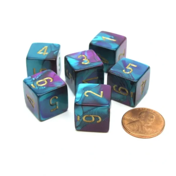 Gemini 15mm 6-Sided D6 Numbered Chessex Dice, 6 Pieces - Purple-Teal with Gold - Your Source for Gaming Essentials Hot