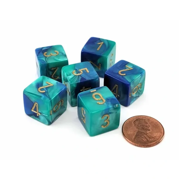 Gemini 15mm 6-Sided D6 Numbered Dice, 6 Pieces - Blue-Teal with Gold Numbers - Your Source for Gaming Essentials Best Sale
