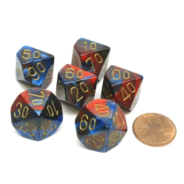 Gemini 16mm Tens D10 (00-90) Chessex Dice, 6 Pieces - Blue-Red with Gold Numbers - Your Source for Gaming Essentials Hot