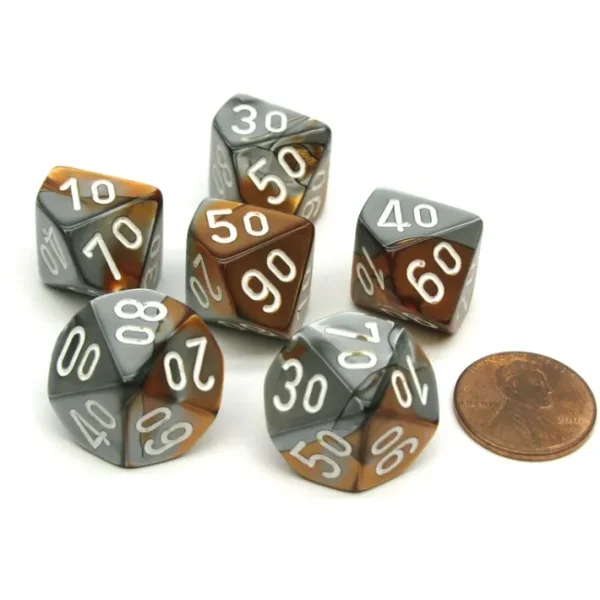 Gemini 16mm Tens D10 (00-90) Chessex Dice, 6 Pieces - Copper-Steel with White - Your Source for Gaming Essentials Fashion
