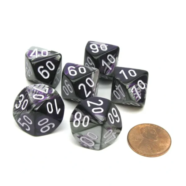 Gemini 16mm Tens D10 (00-90) Chessex Dice, 6 Pieces - Purple-Steel with White - Your Source for Gaming Essentials Store
