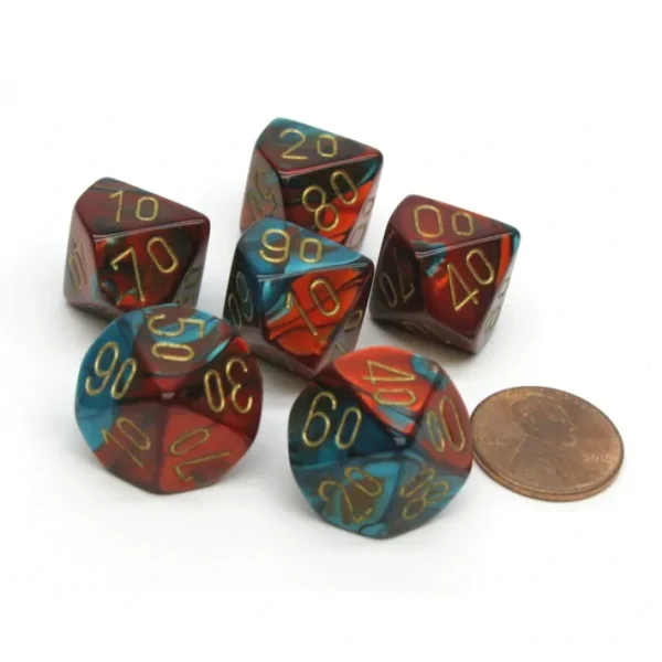 Gemini 16mm Tens D10 (00-90) Chessex Dice, 6 Pieces - Red-Teal with Gold Numbers - Your Source for Gaming Essentials Hot