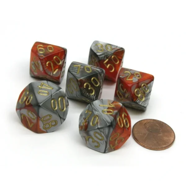 Gemini 16mm Tens D10 (00-90) Dice, 6 Pieces - Orange-Steel with Gold Numbers - Your Source for Gaming Essentials Online