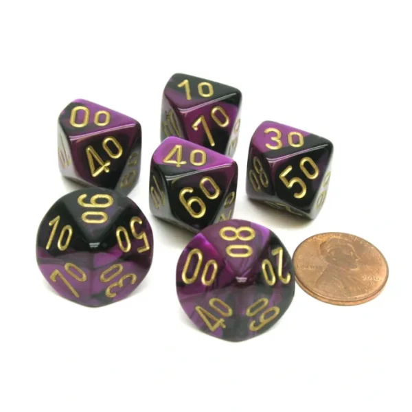 Gemini 16mm Tens D10 (00-90) Dice, 6 Pieces - Black-Purple with Gold Numbers - Your Source for Gaming Essentials Sale