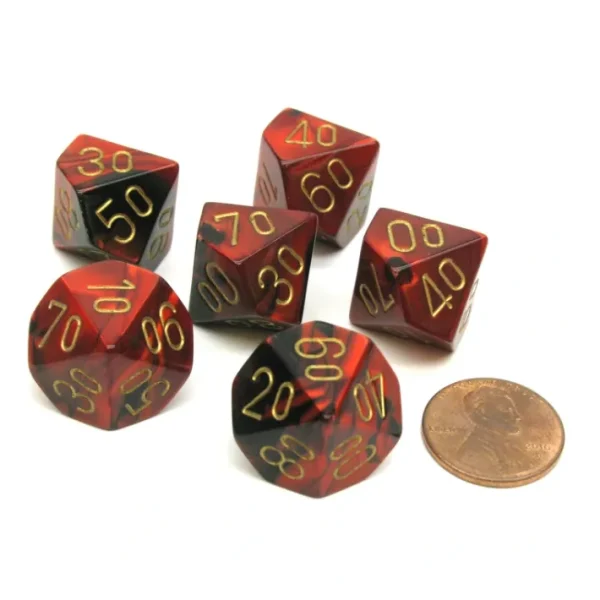 Gemini 16mm Tens D10 (00-90) Dice, 6 Pieces - Black-Red with Gold Numbers - Your Source for Gaming Essentials Best Sale