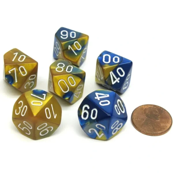 Gemini 16mm Tens D10 (00-90) Dice, 6 Pieces - Blue-Gold with White Numbers - Your Source for Gaming Essentials Discount