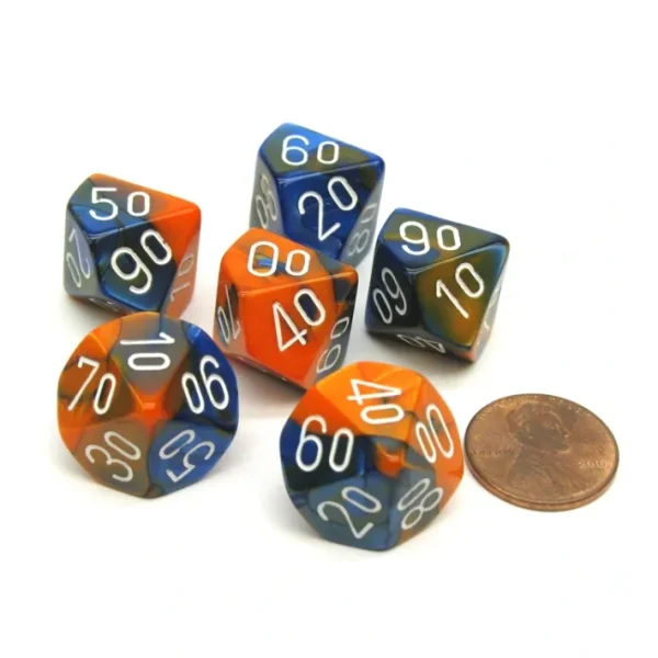 Gemini 16mm Tens D10 (00-90) Dice, 6 Pieces - Blue-Orange with White Numbers - Your Source for Gaming Essentials Clearance