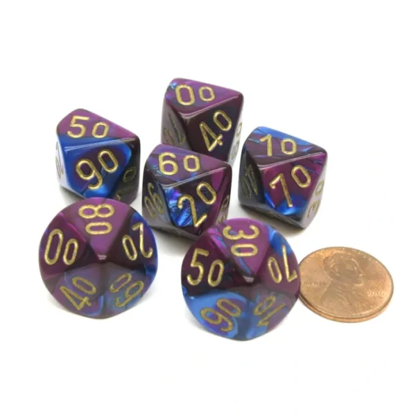 Gemini 16mm Tens D10 (00-90) Dice, 6 Pieces - Blue-Purple with Gold Numbers - Your Source for Gaming Essentials Outlet