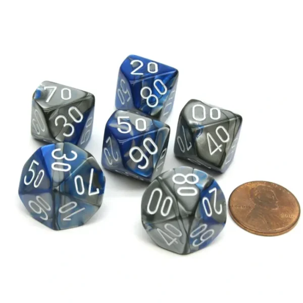 Gemini 16mm Tens D10 (00-90) Dice, 6 Pieces - Blue-Steel with White Numbers - Your Source for Gaming Essentials Best Sale
