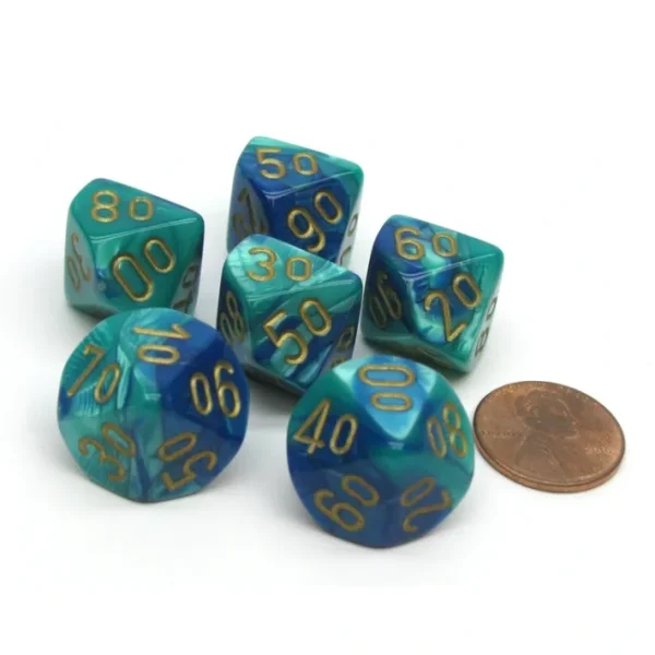Gemini 16mm Tens D10 (00-90) Dice, 6 Pieces - Blue-Teal with Gold Numbers - Your Source for Gaming Essentials New