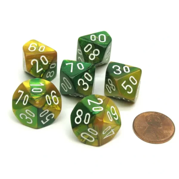 Gemini 16mm Tens D10 (00-90) Dice, 6 Pieces - Gold-Green with White Numbers - Your Source for Gaming Essentials Best Sale