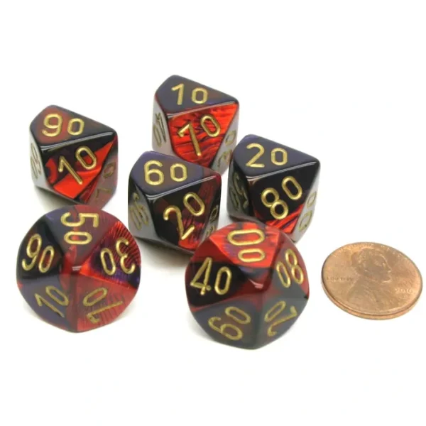 Gemini 16mm Tens D10 (00-90) Dice, 6 Pieces - Purple-Red with Gold Numbers - Your Source for Gaming Essentials Cheap