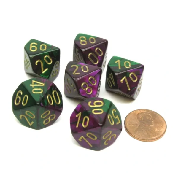 Gemini 16mm Tens D10 (00-90) Dice, 6 Pieces - Green-Purple with Gold Numbers - Your Source for Gaming Essentials Hot