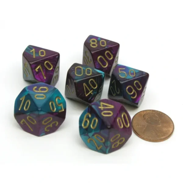 Gemini 16mm Tens D10 (00-90) Dice, 6 Pieces - Purple-Teal with Gold Numbers - Your Source for Gaming Essentials Hot