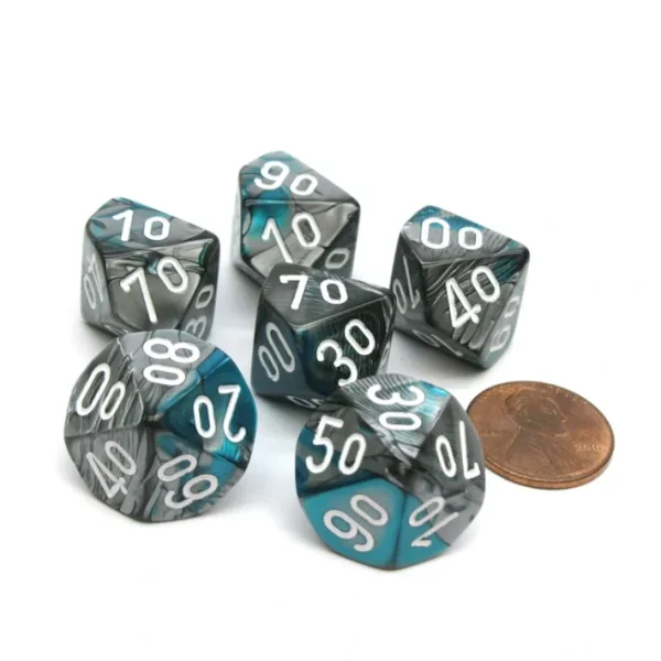 Gemini 16mm Tens D10 (00-90) Dice, 6 Pieces - Steel-Teal with White Numbers - Your Source for Gaming Essentials Discount