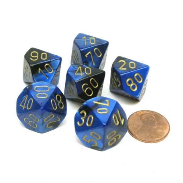 Gemini 16mm Tens D10 (00-90) Dice, 6 Pieces - Black-Blue with Gold Numbers - Your Source for Gaming Essentials Clearance