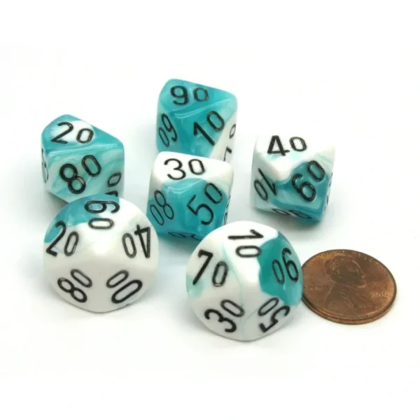 Gemini 16mm Tens D10 (00-90) Dice, 6 Pieces - Teal-White with Black Numbers - Your Source for Gaming Essentials Online