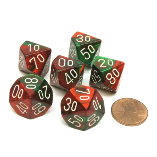 Gemini 16mm Tens D10 (00-90) Dice, 6 Pieces - Green-Red with White Numbers - Your Source for Gaming Essentials Cheap