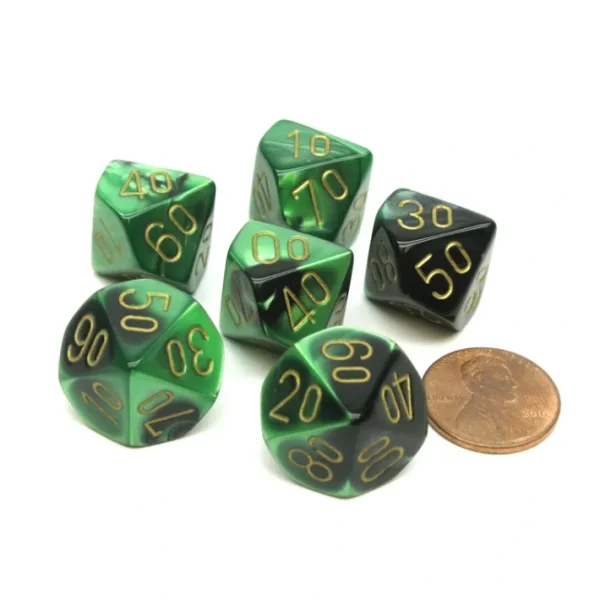 Gemini 16mm Tens D10 (00-90) Dice, 6 Pieces - Black-Green with Gold Numbers - Your Source for Gaming Essentials Fashion