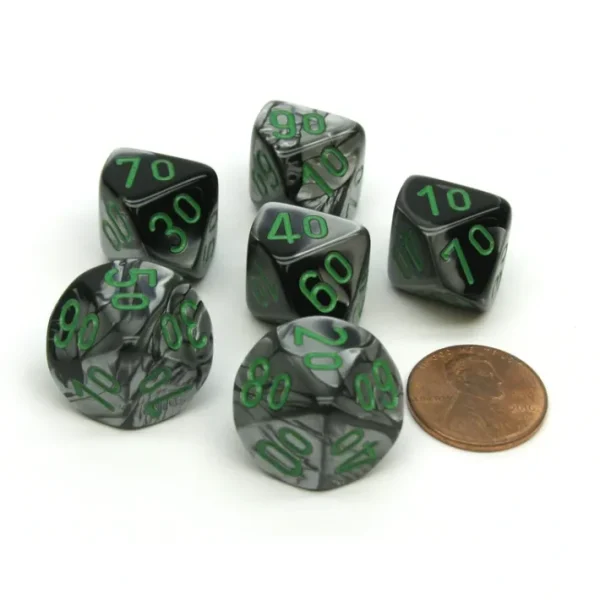 Gemini 16mm Tens D10 (00-90) Dice, 6 Pieces - Black-Grey with Green Numbers - Your Source for Gaming Essentials Best Sale