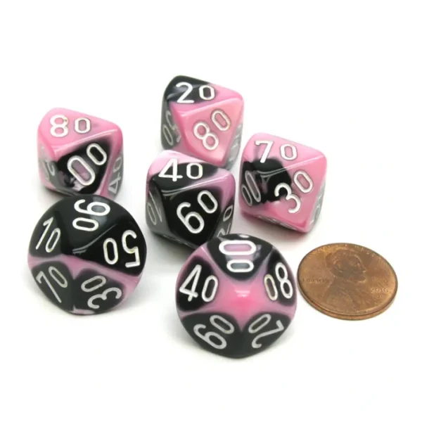Gemini 16mm Tens D10 (00-90) Dice, 6 Pieces - Black-Pink with White Numbers - Your Source for Gaming Essentials Clearance