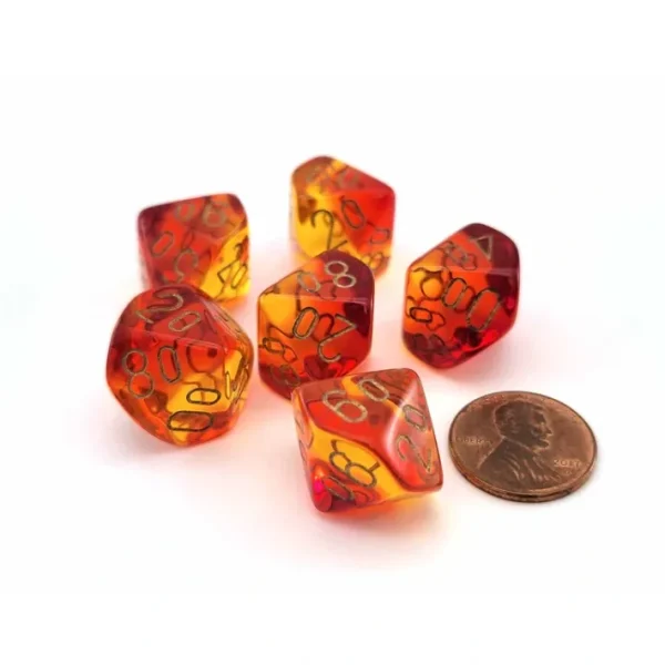 Gemini 16mm Tens D10 Dice, 6 Pieces - Translucent Red-Yellow with Gold - Your Source for Gaming Essentials New