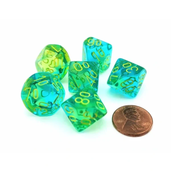 Gemini 16mm Tens D10 Dice, 6 Pieces - Translucent Green-Teal with Yellow - Your Source for Gaming Essentials Hot