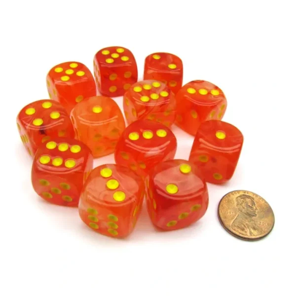 Ghostly Glow 16mm D6 Chessex Dice Block (12 Dice) - Orange with Yellow Numbers - Your Source for Gaming Essentials Sale