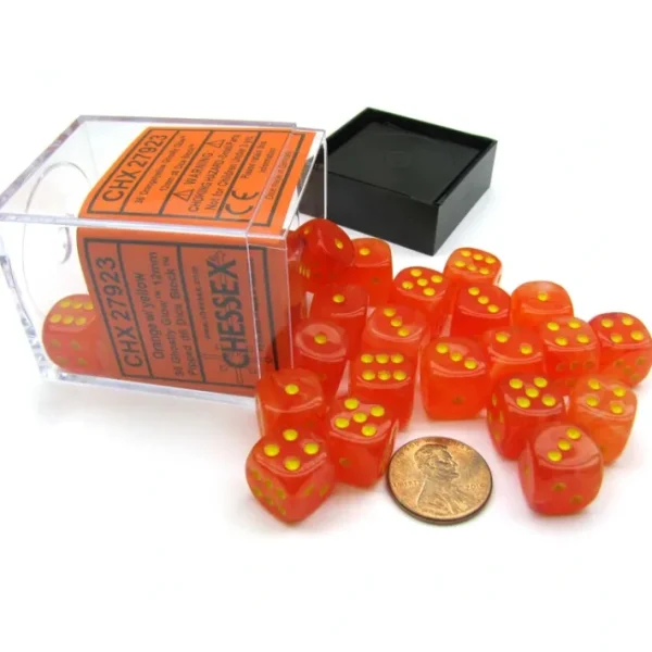 Ghostly Glow 12mm D6 Chessex Dice Block (36 Dice) -Orange with Yellow Pips - Your Source for Gaming Essentials Outlet