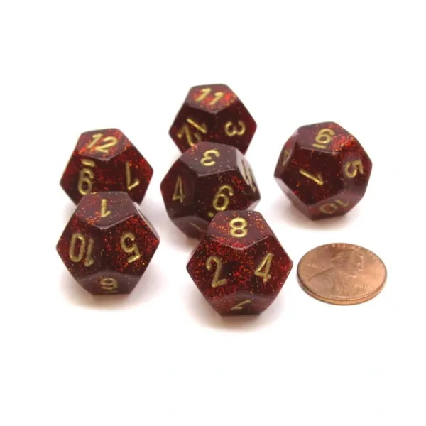 Glitter 18mm 12 Sided D12 Chessex Dice, 6 Pieces - Ruby with Gold - Your Source for Gaming Essentials Sale