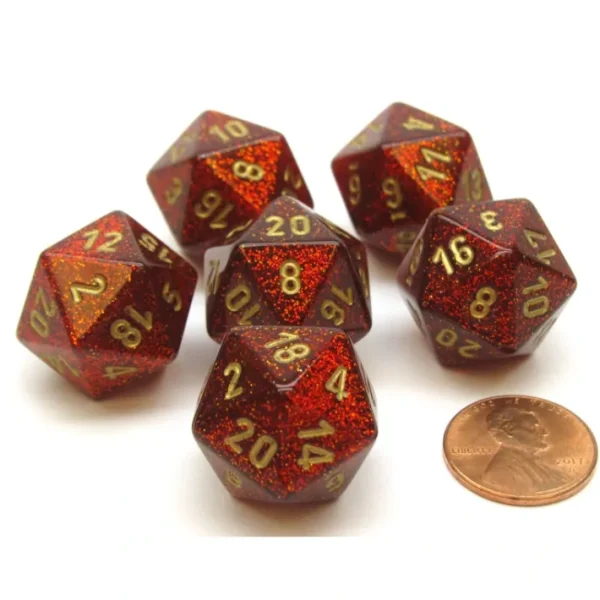 Glitter 20mm 20 Sided D20 Chessex Dice, 6 Pieces - Ruby with Gold Numbers - Your Source for Gaming Essentials New